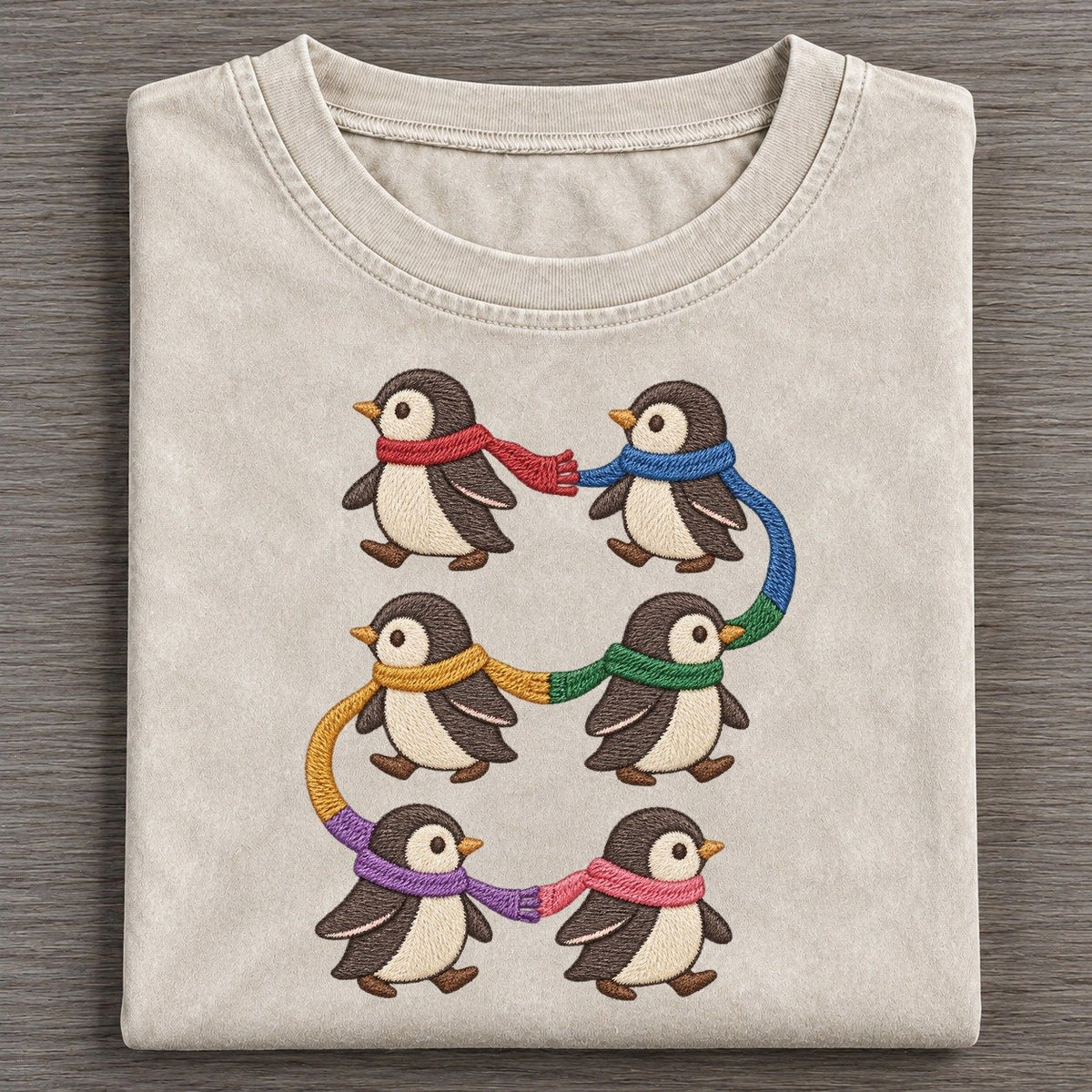 Penguins With Scarves Single File Vintage T-shirt – Off White