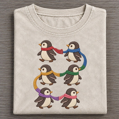 Penguins With Scarves Single File Vintage T-shirt – Off White