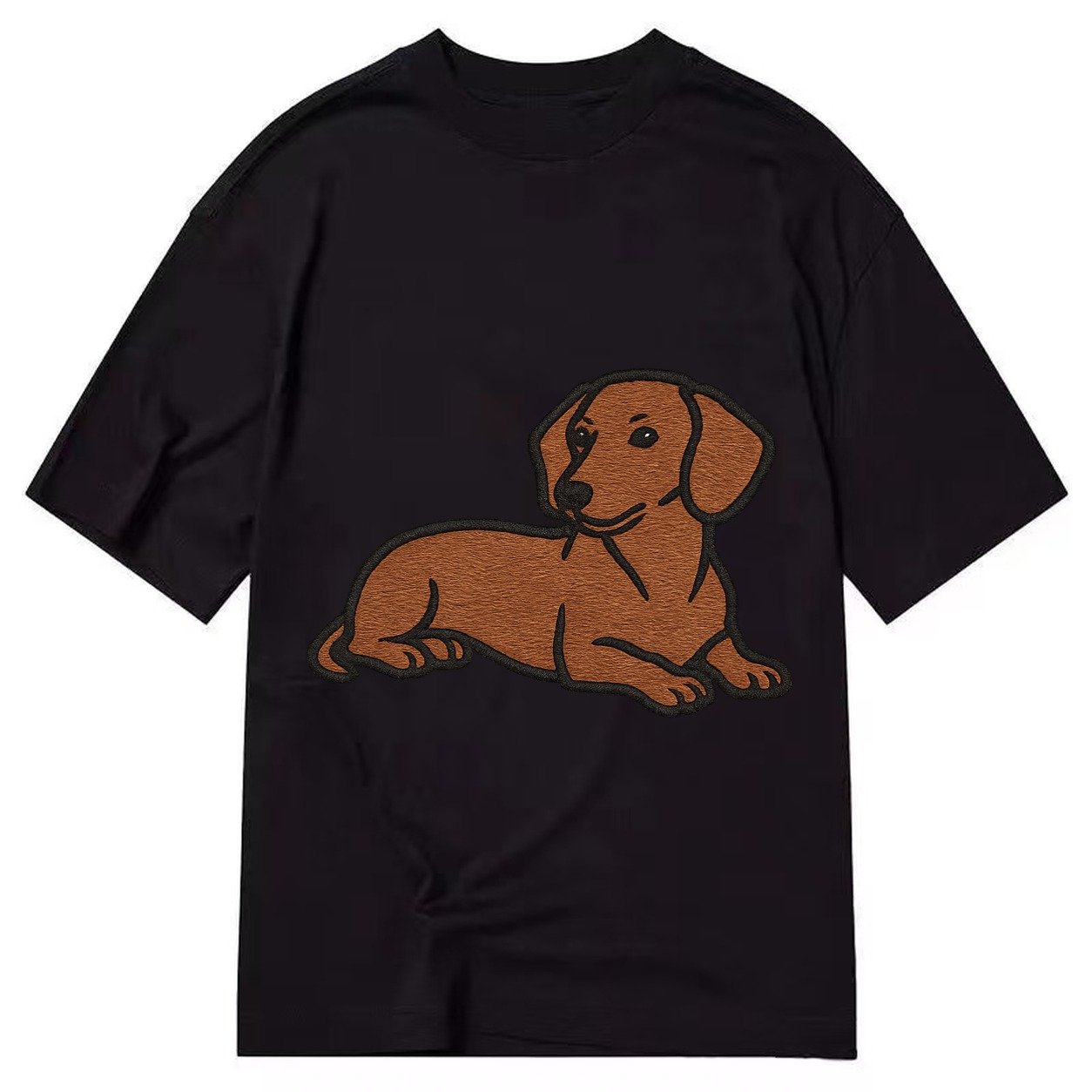 Dachshund Red Smooth Relaxed Lying Down With Head Up Embroid Classic T-shirt – Black