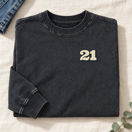 Number 21 Left Chest Washed Long Sleeve T-Shirt – Black