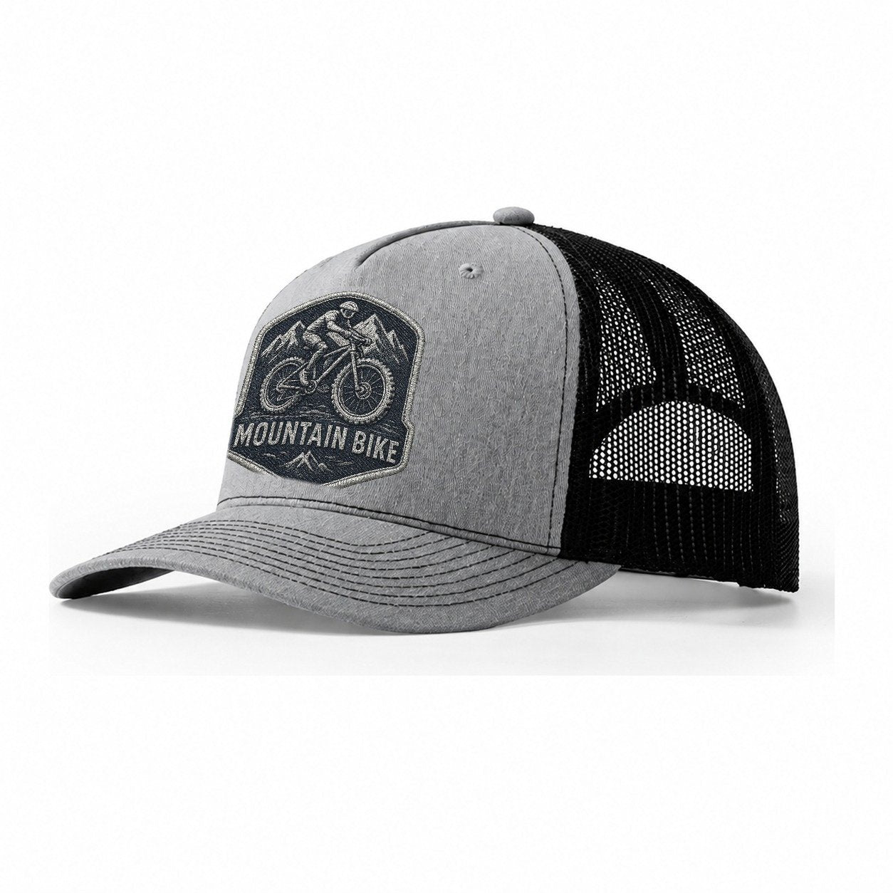 Mountain Bike With Rugged Tires Cyclist Badge Trucker Hat – Sport Grey-Black