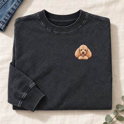 Apricot Poodle Left Chest Washed Long Sleeve T-Shirt – Black
