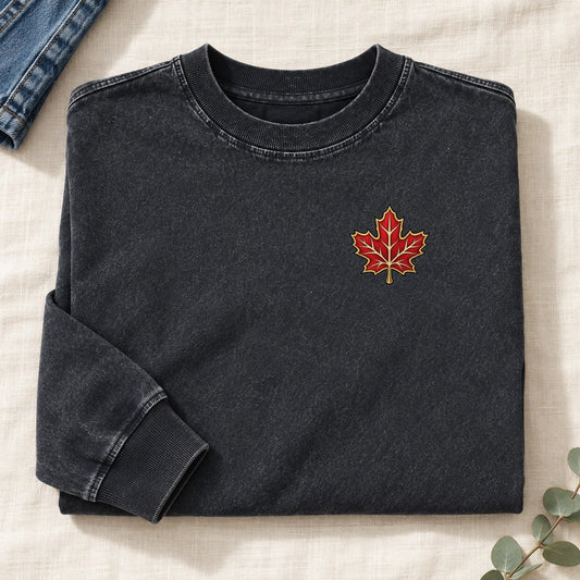 Canadian Maple Leaf Left Chest Washed Long Sleeve T-Shirt – Black