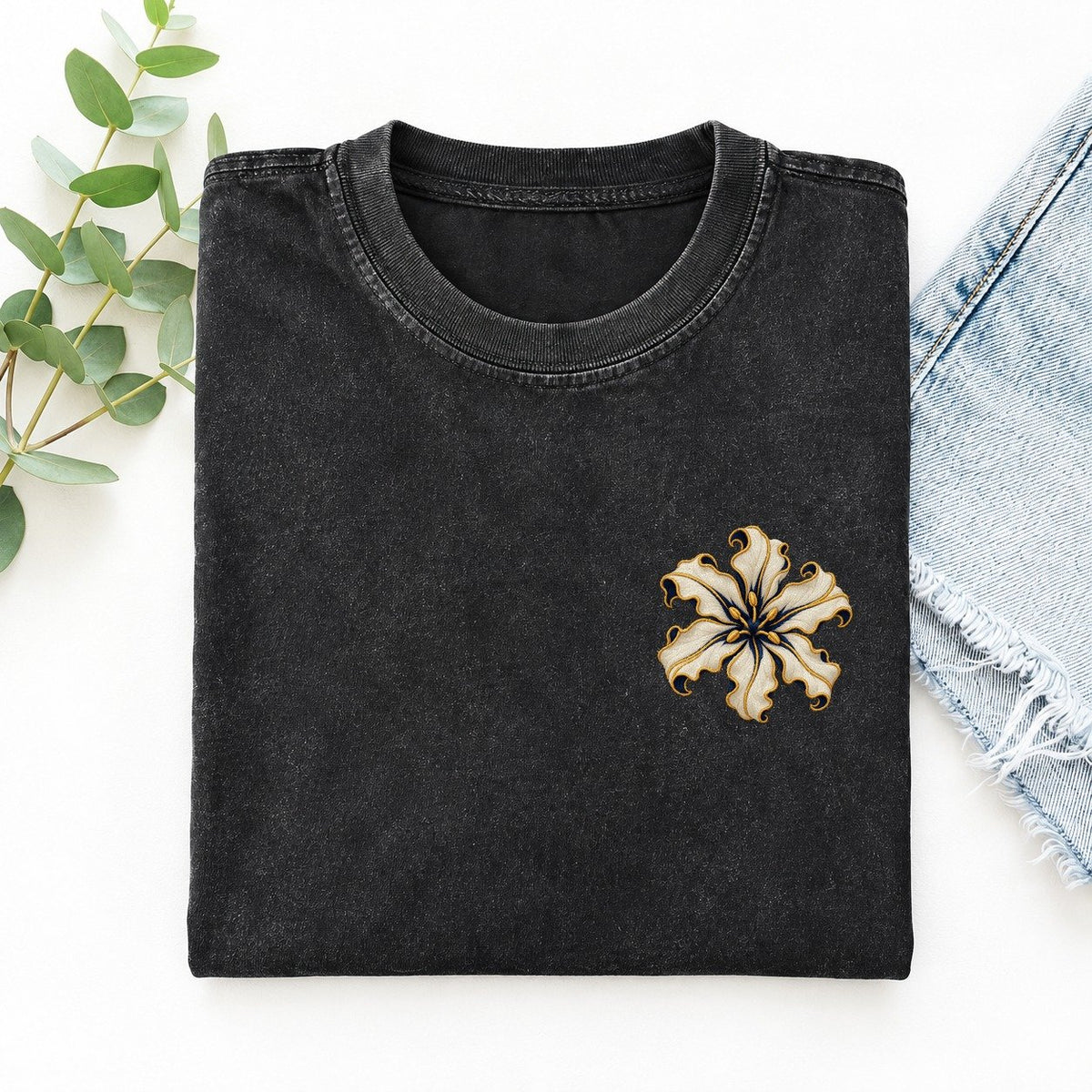 Nerine Petal Ribbons Left Chest Vintage T-shirt – Black