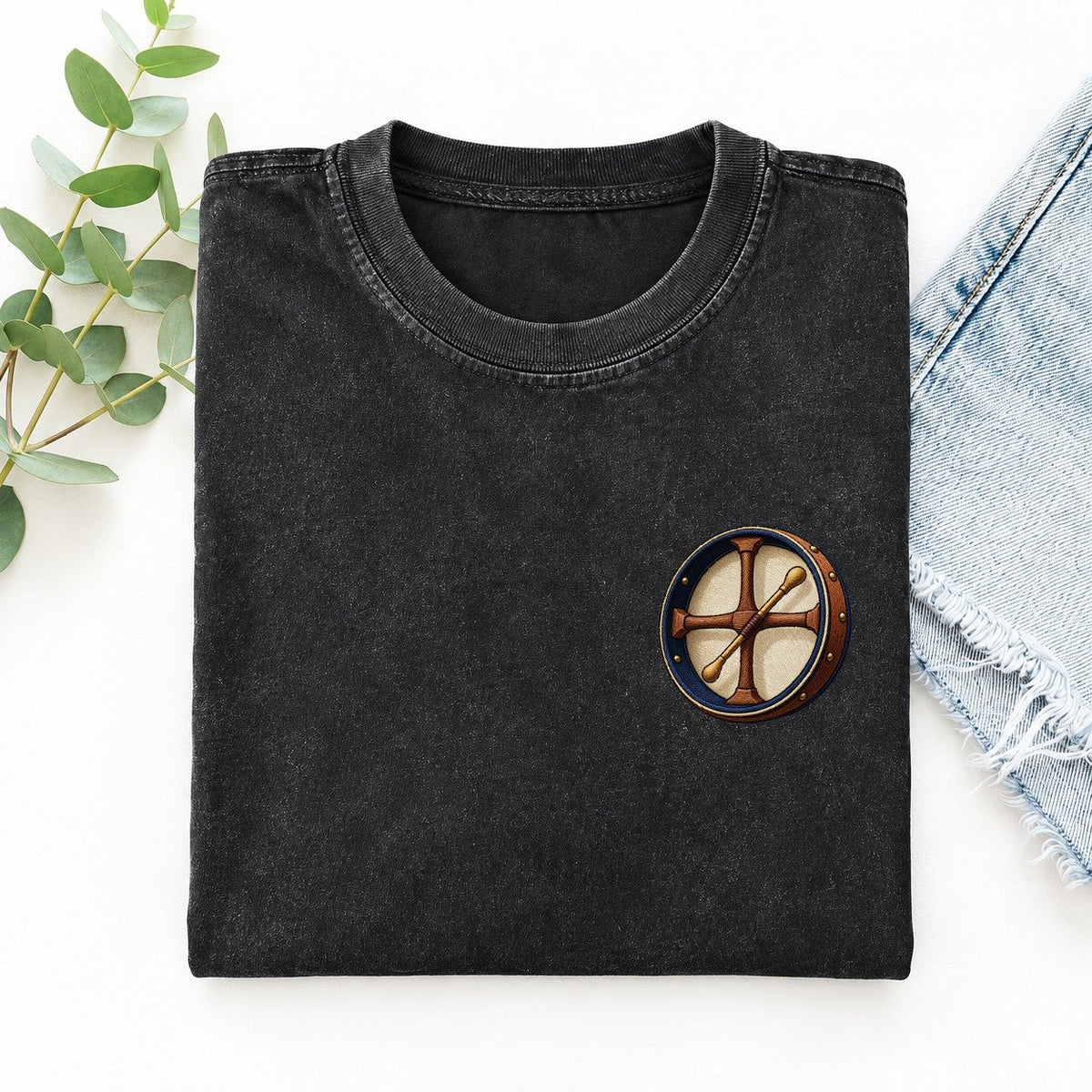 Bodhran Cross Grip Left Chest Vintage T-shirt – Black