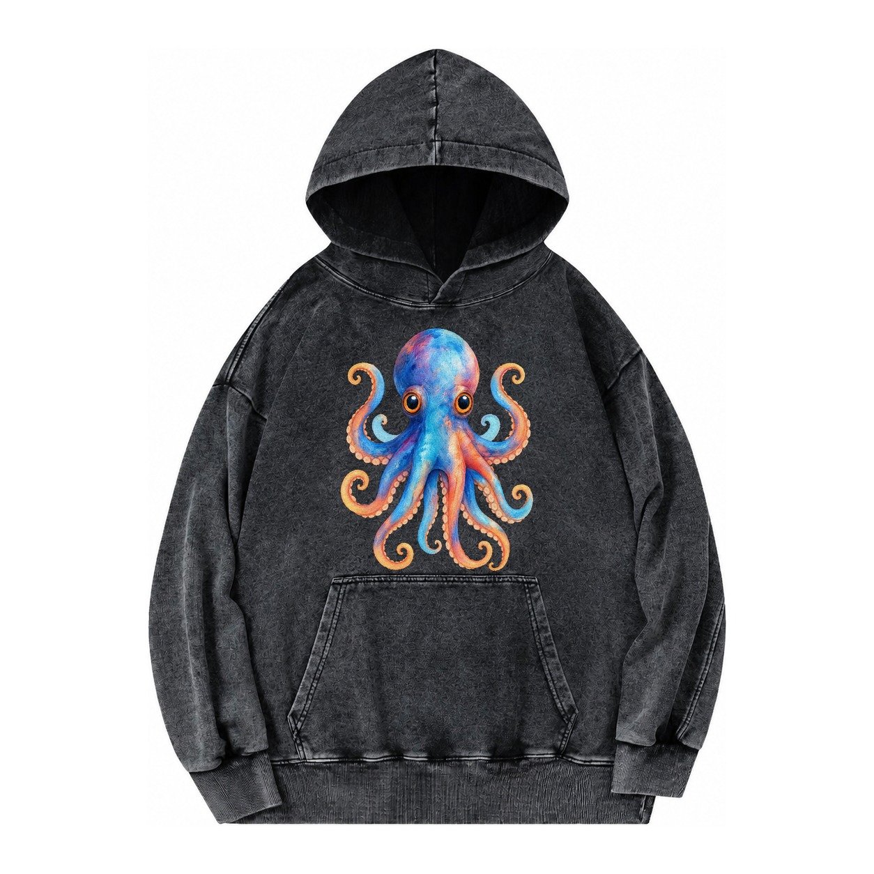 Octopus Cute Vintage Washed Hoodie – Black