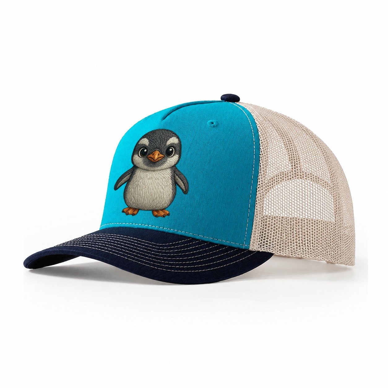 Baby Gentoo Penguin Orange Beak White Cap Bright Eyes Front Facing Energetic Trucker Hat – Teal Navy