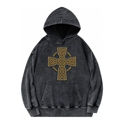 Celtic Cross Vintage Washed Hoodie – Black