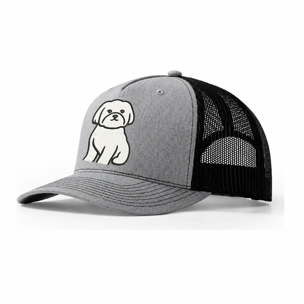 Maltese Pure White Fluffy Embroidered Design Trucker Hat – Sport Grey-Black
