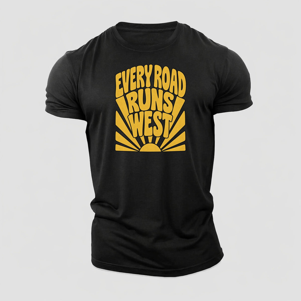 Every Road Runs West Sunburst Sayings Cotton T-Shirt – Black