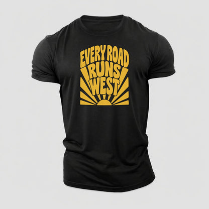 Every Road Runs West Sunburst Sayings Cotton T-Shirt – Black