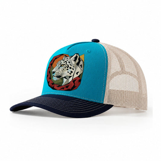 Snow Leopard Portrait Trucker Hat – Teal Navy