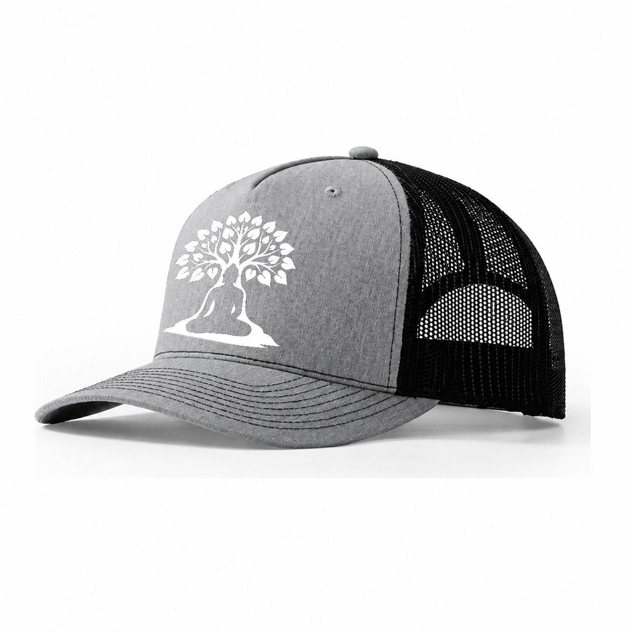 Buddha Silhouette Meditating Negative Space Forms Bodhi Tree Trucker Hat – Sport Grey-Black