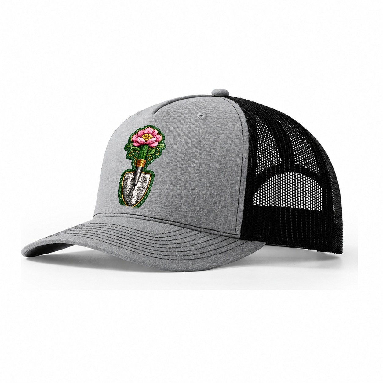 Embroidered Patch Design Gardening Trowel Flower Garden Tool Trucker Hat – Sport Grey-Black