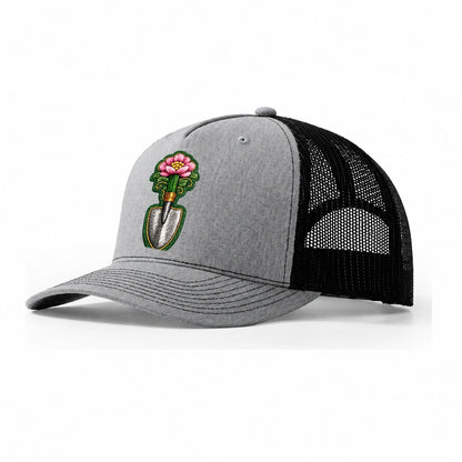 Embroidered Patch Design Gardening Trowel Flower Garden Tool Trucker Hat – Sport Grey-Black