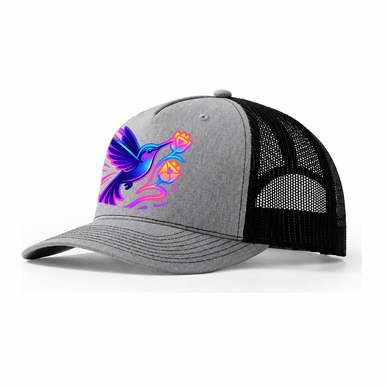 Hummingbird Delivering Miniature Love Letters Tucked Inside Trucker Hat – Sport Grey-Black