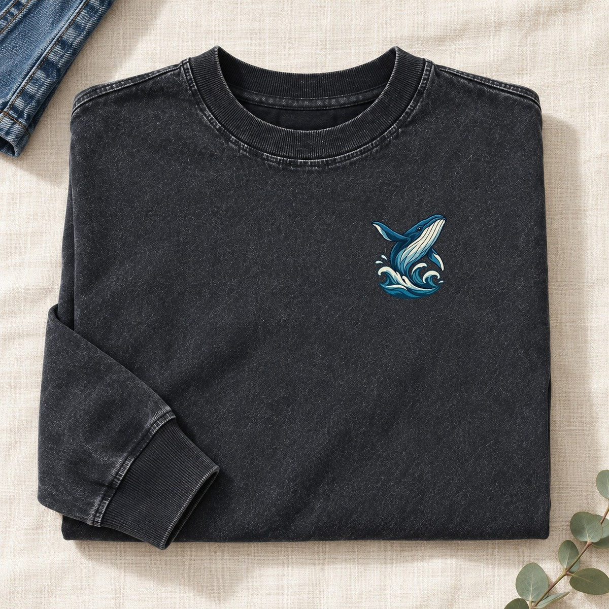 Whale And Waves Left Chest Washed Long Sleeve T-Shirt – Black