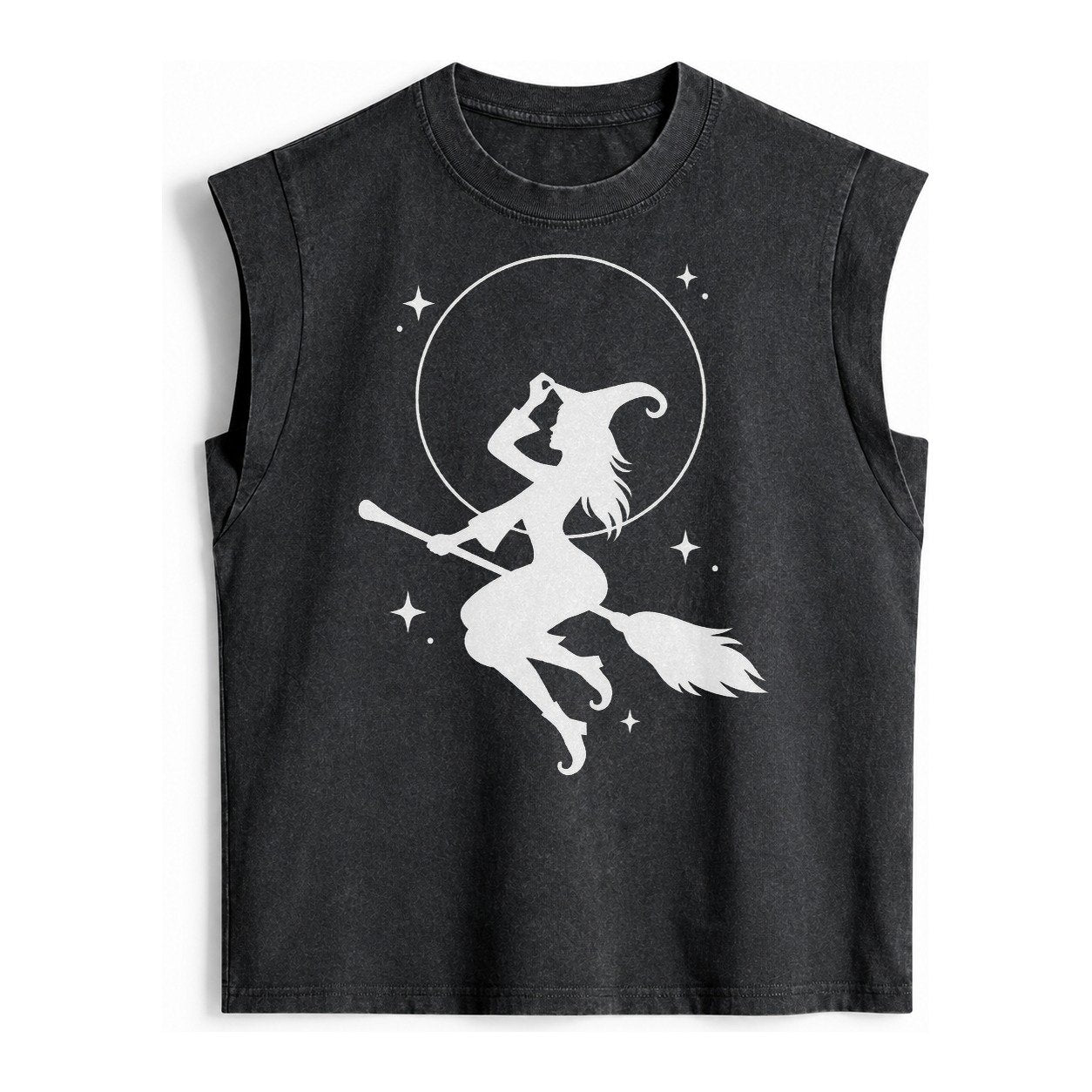 Witch On Broom Vintage Washed Tank – Black