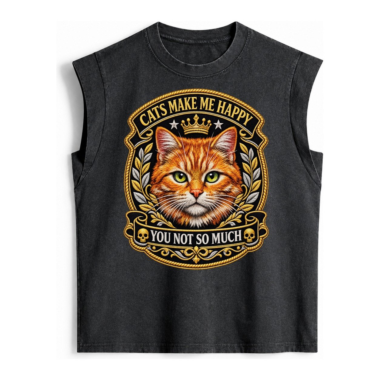 Cats Make Me Happy You Not So Much Cat Face In Orange Cat Pr Vintage Washed Tank – Black