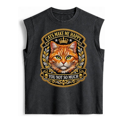 Cats Make Me Happy You Not So Much Cat Face In Orange Cat Pr Vintage Washed Tank – Black