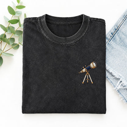 Stargazer Telescope Symbol Emblems Left Chest Vintage T-shirt – Black