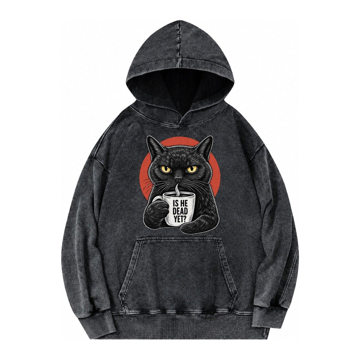 Is He Dead Yet Cat Vintage Washed Hoodie – Black