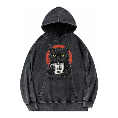 Is He Dead Yet Cat Vintage Washed Hoodie – Black