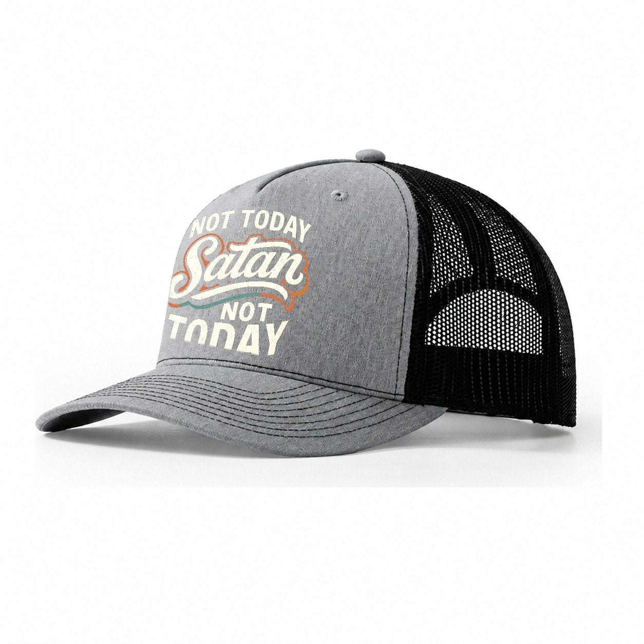 Not Today Satan Not Today Trucker Hat – Sport Grey-Black