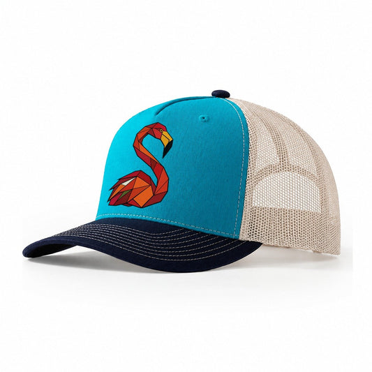 Flamingo Profile Long Neck Trucker Hat – Teal Navy