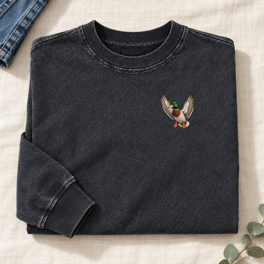 Mallard In Flight Left Chest Washed Long Sleeve T-Shirt – Black