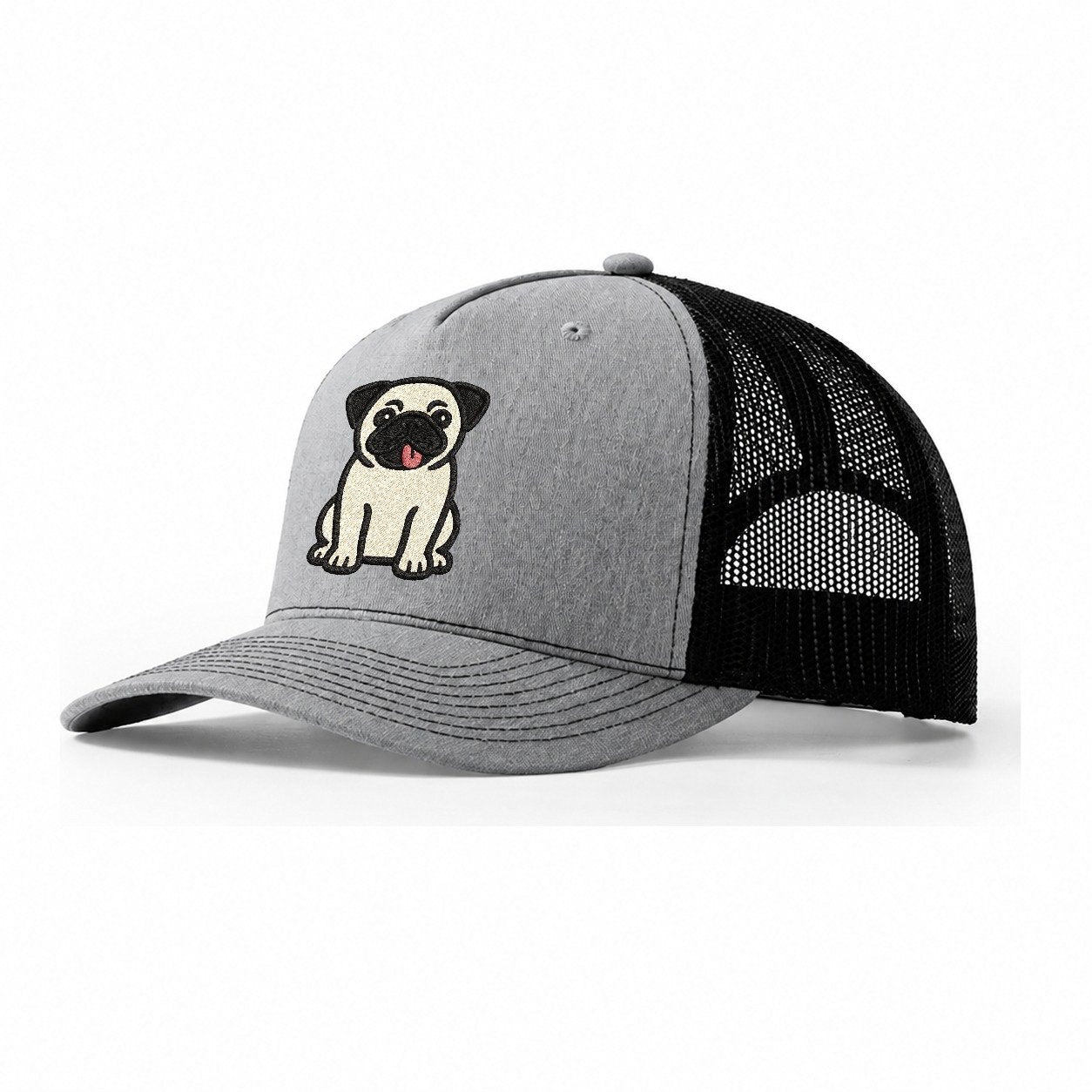 Pug Tilted Head With Tongue Out Trucker Hat – Sport Grey-Black