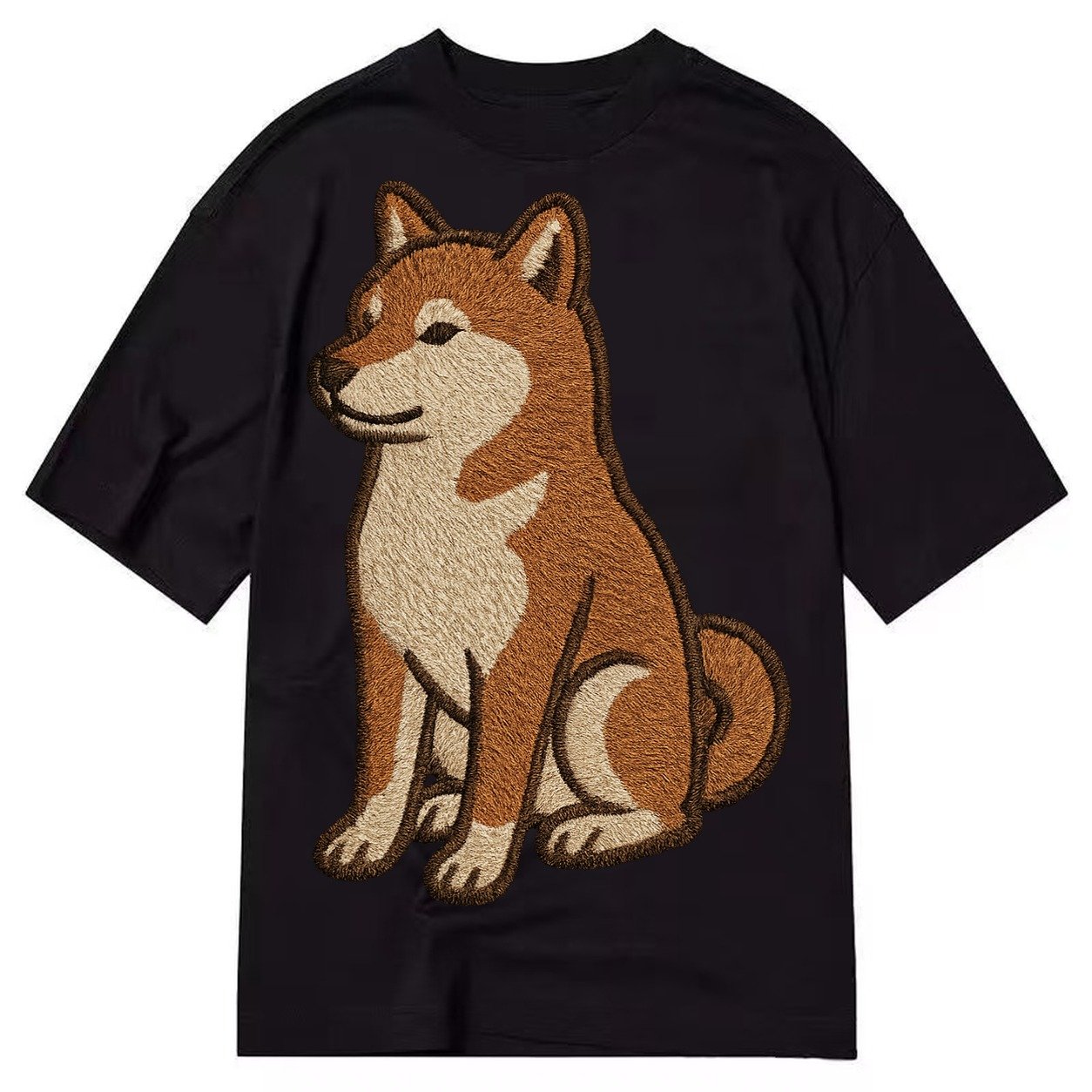 Shiba Inu Red Sesame Embroidered Sitting Pose Classic T-shirt – Black