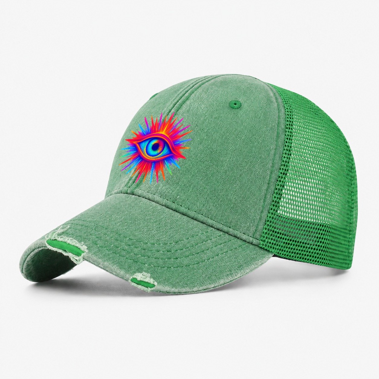 Rainbow Third Eye Prismatic Eye Radiating Spectrum Colors Re Washed Trucker Hat – Ink Green