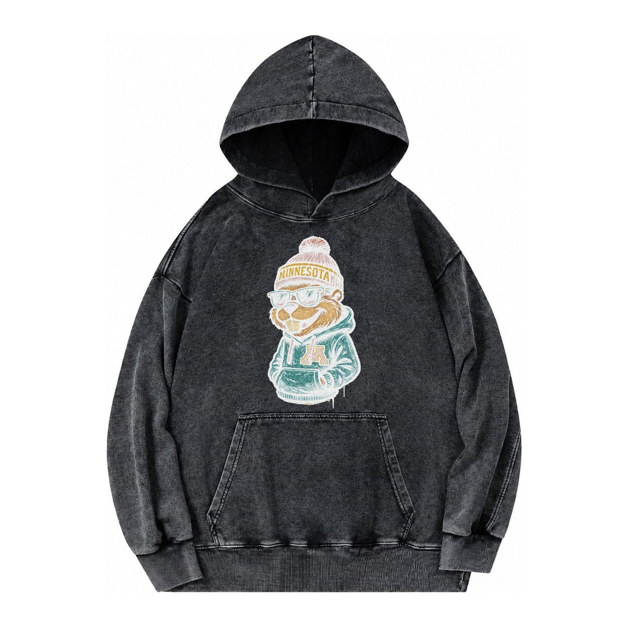 Minneapolis Gopher Wearing Minnesota Beanie With M Patch Vintage Washed Hoodie – Black