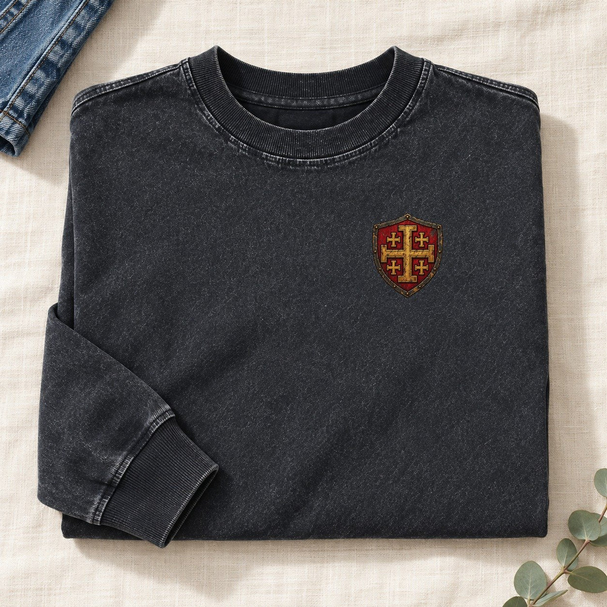 Crusader Shield Left Chest Washed Long Sleeve T-Shirt – Black