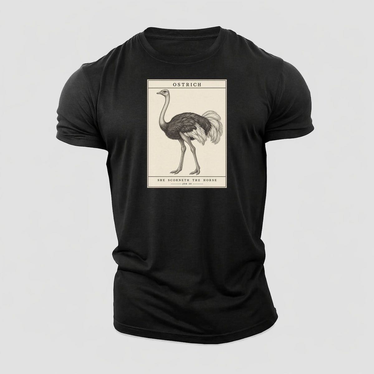 Ostrich Specimen Plate Creature Canticle Cotton T-Shirt – Black