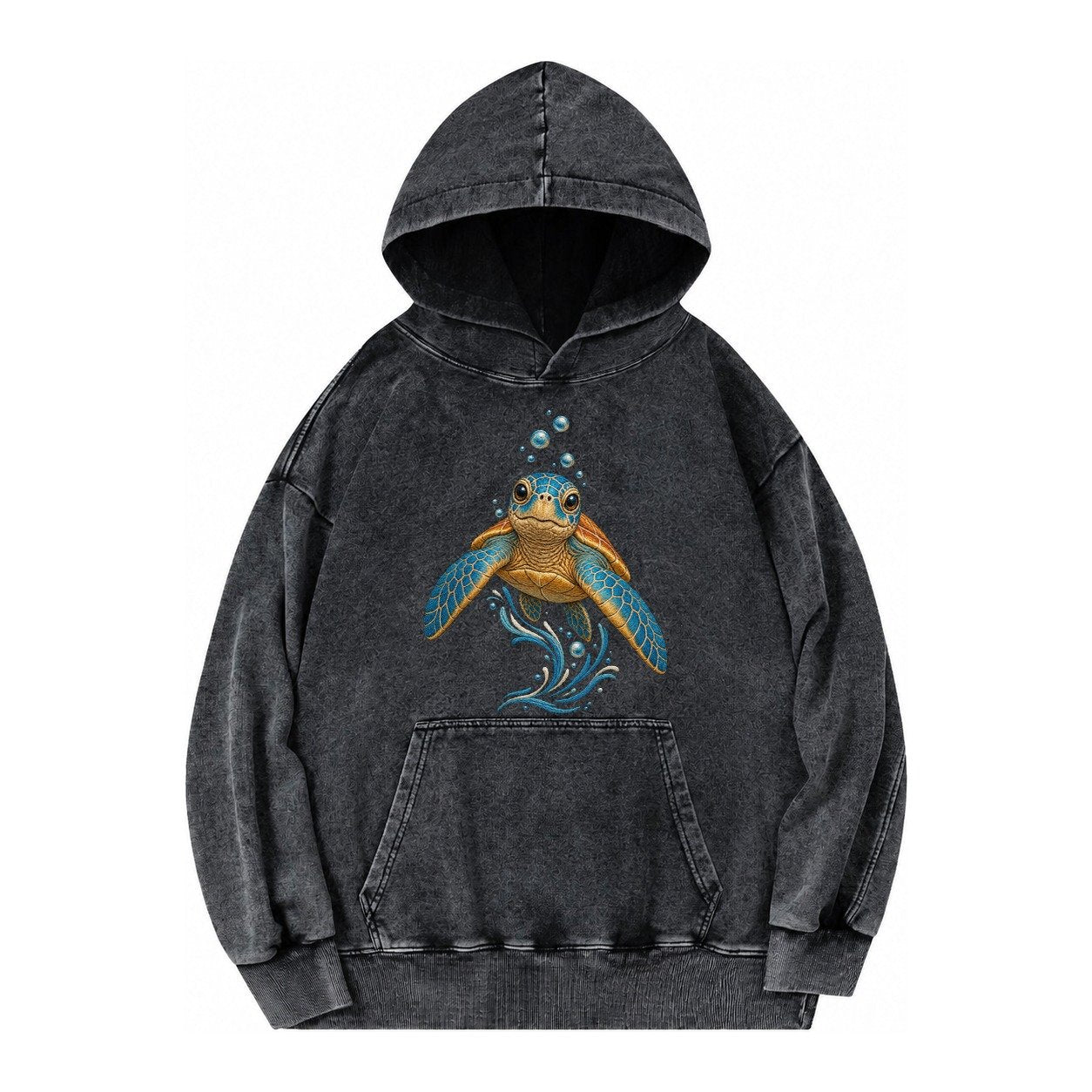 Sea Turtle Serenity Vintage Washed Hoodie – Black