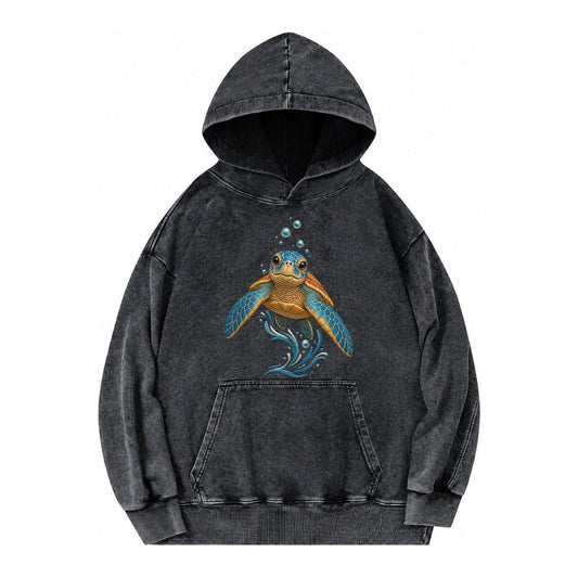 Sea Turtle Serenity Vintage Washed Hoodie – Black