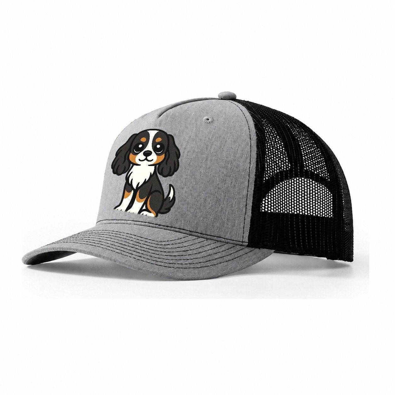 Cavalier King Charles Spaniel Tricolor Sitting Pose Portrait Trucker Hat – Sport Grey-Black