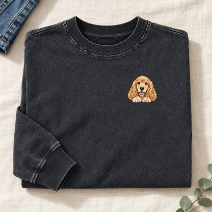 Cocker Spaniel Left Chest Washed Long Sleeve T-Shirt – Black