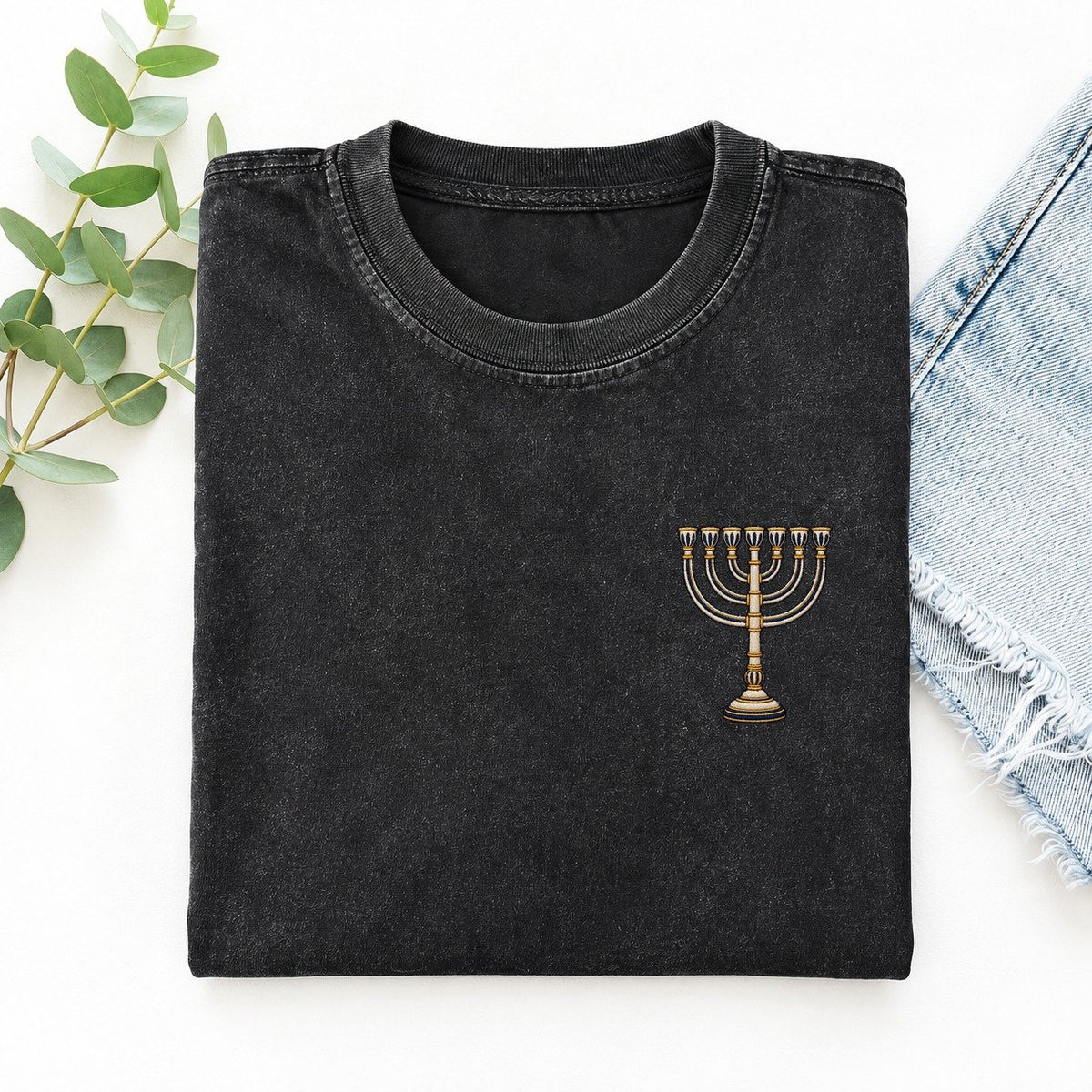 Seven Branch Menorah Symbol Emblems Left Chest Vintage T-shirt – Black