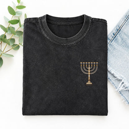 Seven Branch Menorah Symbol Emblems Left Chest Vintage T-shirt – Black