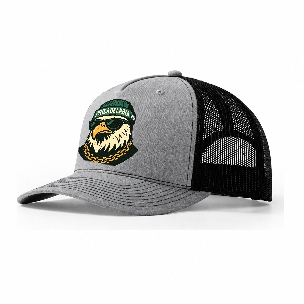Animaleaglelocationtextphiladelphiainitialsphibeaniecolorgre Trucker Hat – Sport Grey-Black