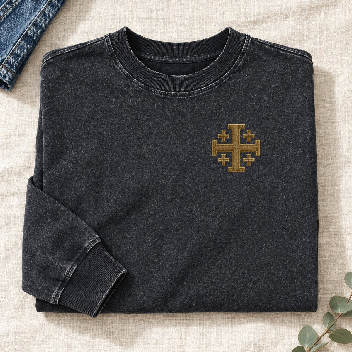 Jerusalem Cross Left Chest Washed Long Sleeve T-Shirt – Black