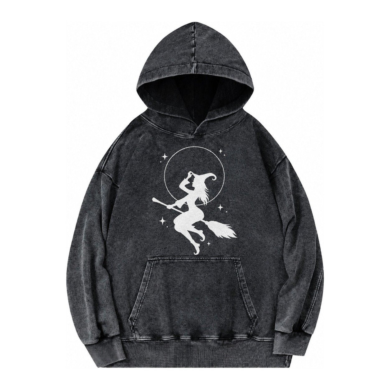 Witch On Broom Vintage Washed Hoodie – Black