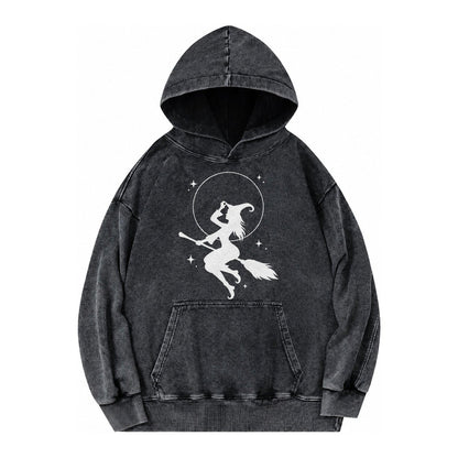Witch On Broom Vintage Washed Hoodie – Black