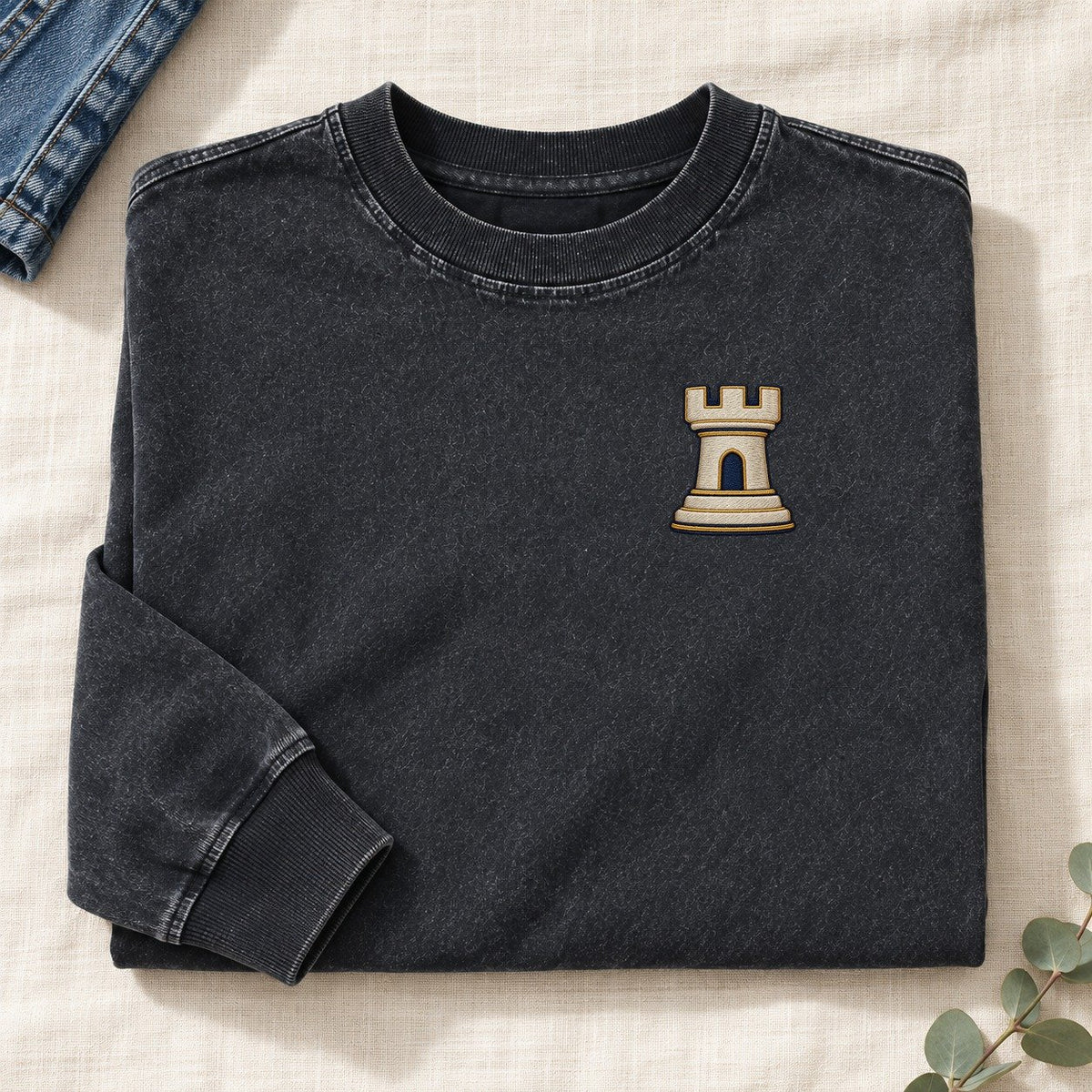 Chess Rook Symbol Emblems Left Chest Washed Long Sleeve T-Shirt – Black