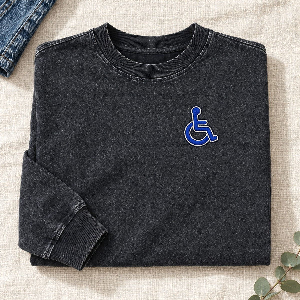 Wheelchair Access Left Chest Washed Long Sleeve T-Shirt – Black