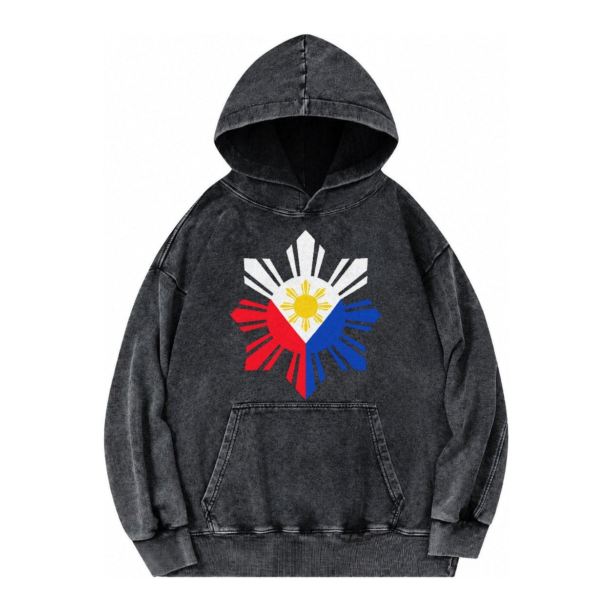 Philippines Iconic Sun And Stars Vintage Washed Hoodie – Black