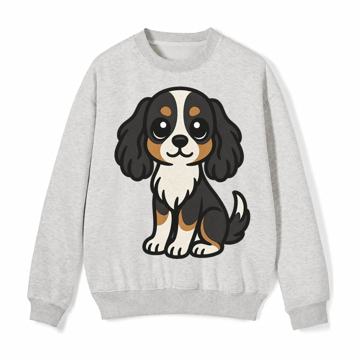 Cavalier King Charles Spaniel Tricolor Sitting Pose Portrait Fleece Sweatshirt – Light Gray